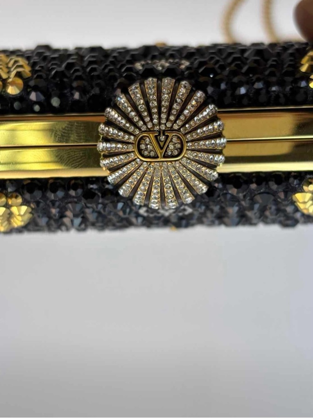 Valentino Black and Gold Crystal Heart Evening Clutch with Chain - Picture 11 of 16